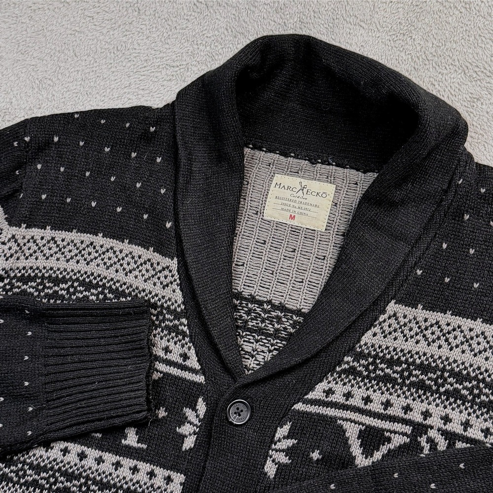 Marc Ecko Cut & Sew Mens Shawl Collar Cardigan Black Grey Fair Isle Sweater Med